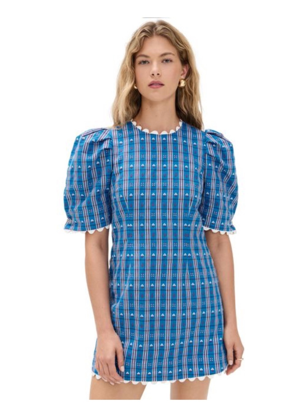 CeliaB Blue Plaid Puff-Sleeve Mini Dress with Scalloped Trim